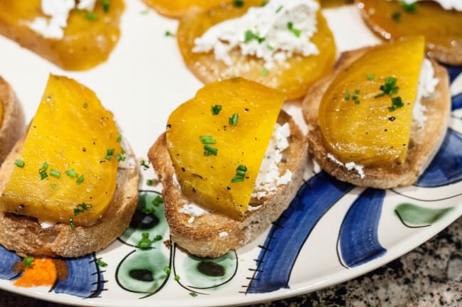 golden beet bruschetta with chives