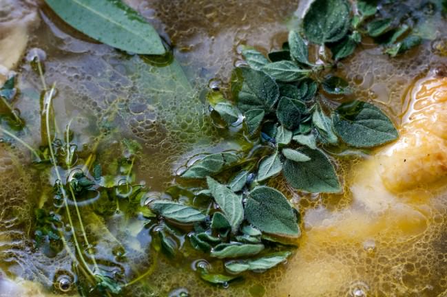 herbs in the chicken stock