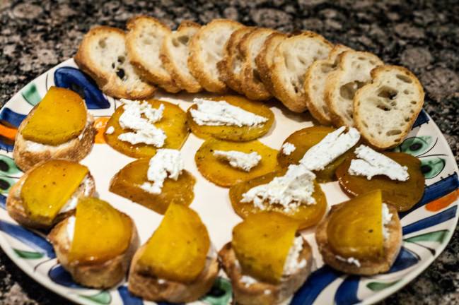 platter of golden beet bruschetta