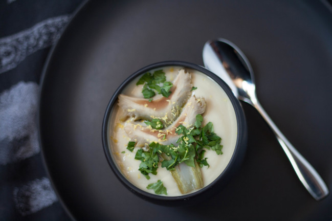 Artichoke Preserved Lemon Soup whole artichoke garnish