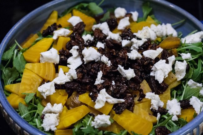 beet, goat cheese, candied pecan and arugula salad