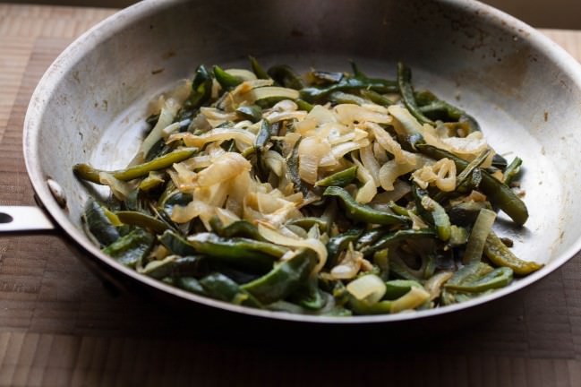 cooked poblanos and onions