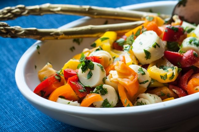 finished tri color pepper and hearts of palm salad