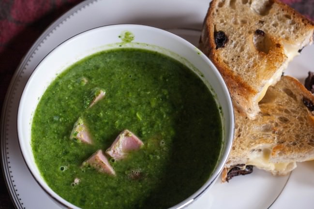 aerial fresh pea soup with jarlsberg on olive bread