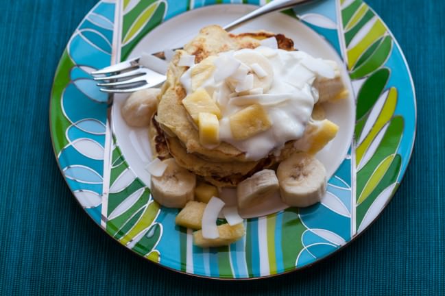 coconut pancakes with bananas and yogurt