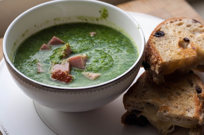 fresh pea soup with jarlsberg on olive bread