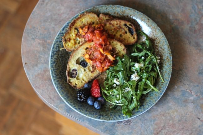 aerial olive bread french toast with bacon marmalade