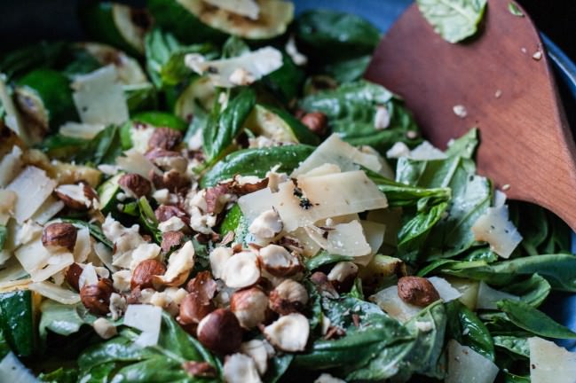 grilled zucchini and basil salad with hazelnuts and pecorino