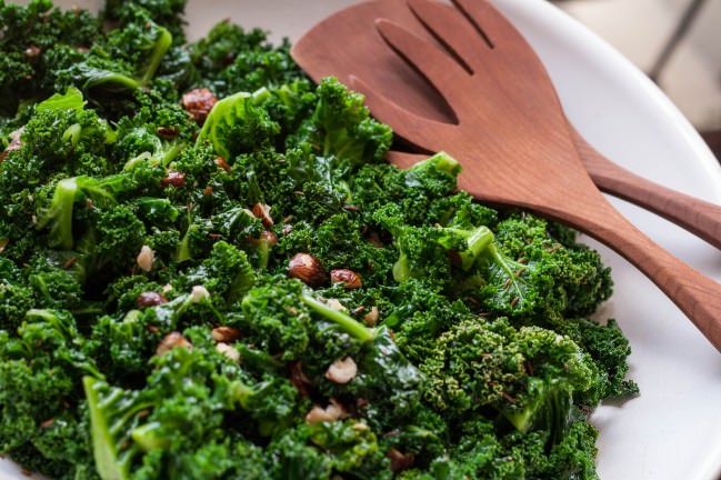 kale salad with hazelnuts in window