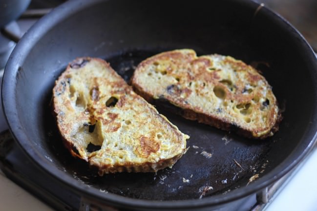 olive bread french toast in the pan