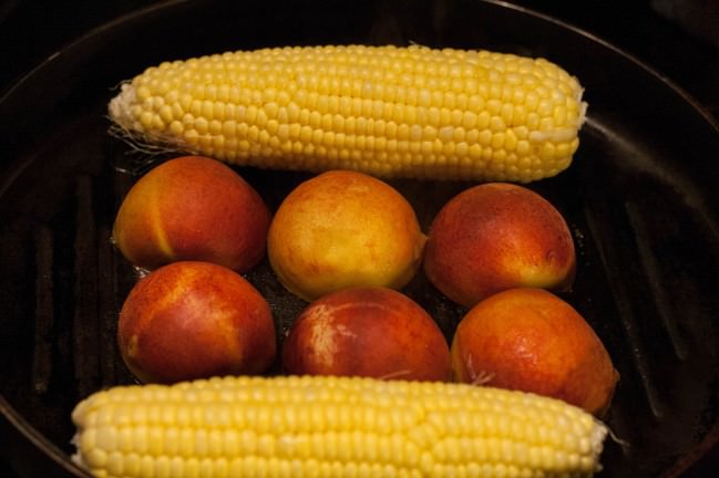 grilling peaches and corn