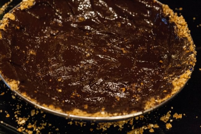 pretzel crust lined with chocolate