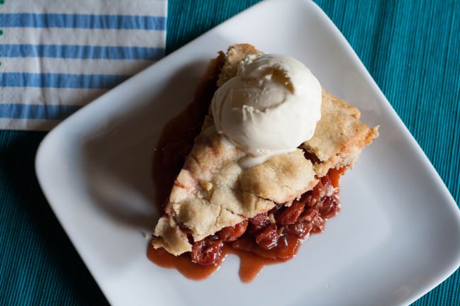 sour cherry pie and vanilla ice cream