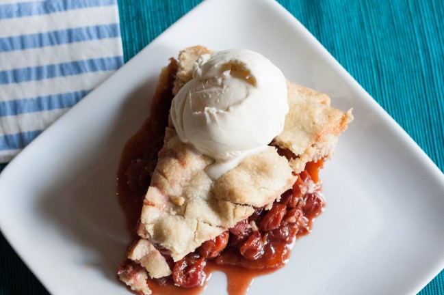 sour cherry pie with vanilla ice cream