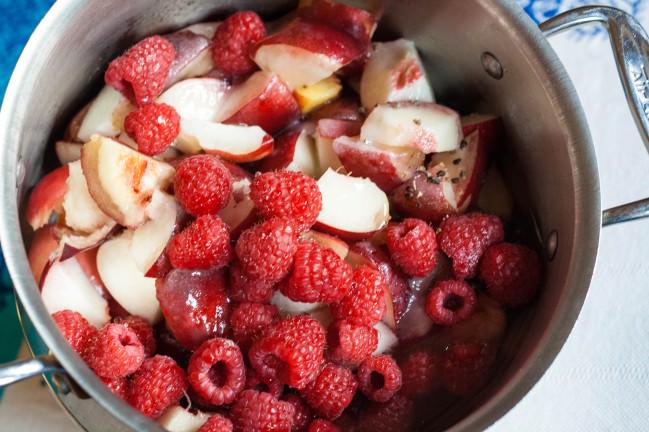 white peaches and raspberries for jam