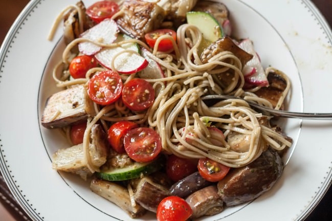 soba noodle salad with asian pesto dish