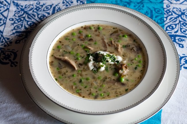 aerial mushroom and wheatberry soup with dill