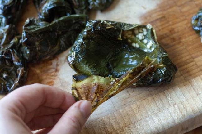 Poblano Potato Gratin peeling poblanos