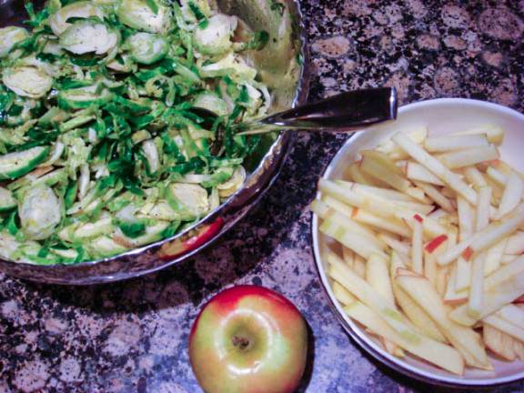 sliced brussels andmatch stick apples