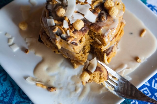 aerial sweet potato pancakes with curry puffed grains