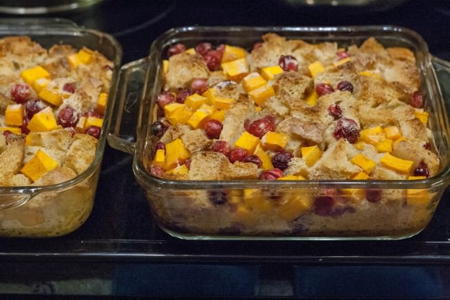 cranberry butternut squash bread pudding out of the oven