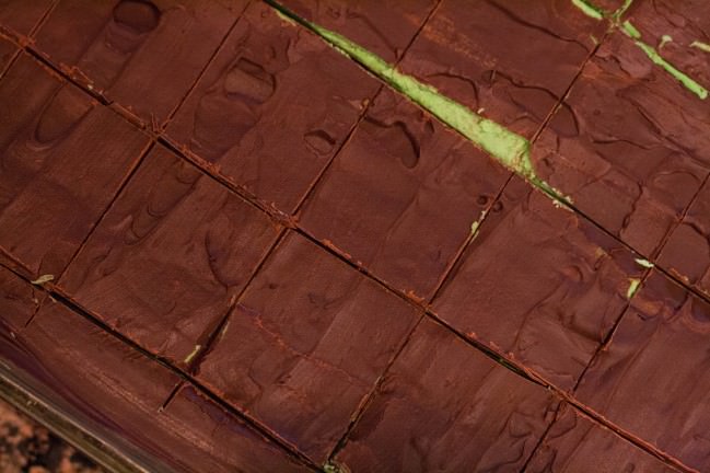 grasshopper brownies cut into squares