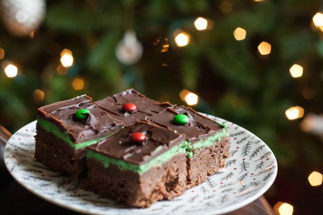 grasshopper brownies in front of christmas tree