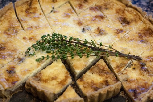 stilton tart cut on bias with thyme