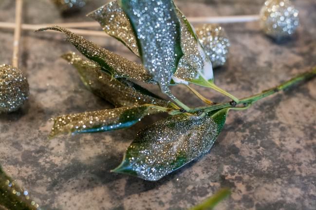 NYE decor glitter holly leaves