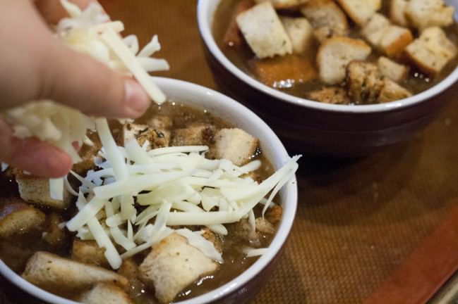 french onion soup add cheese and croutons