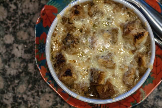 french onion soup aerial with gruyere and crouton