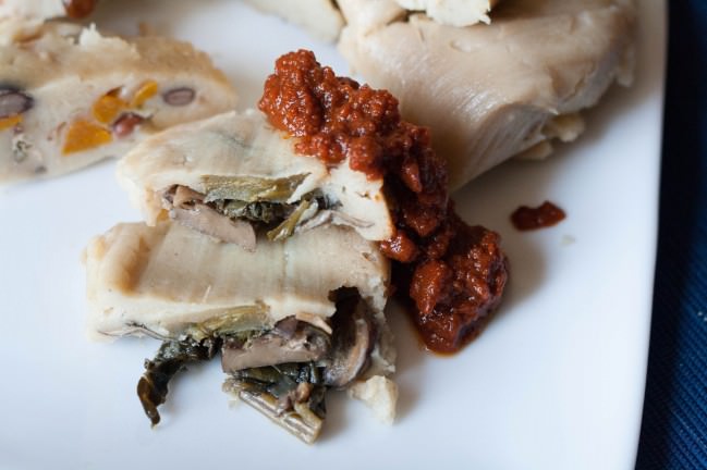 mushroom kale tamales with chile rojo salsa