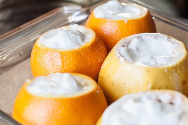 Orange a la Norvegienne citrus filled with yogurt
