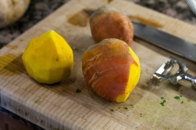 Winter Salad with Green Apples and Golden Beets peeling beets