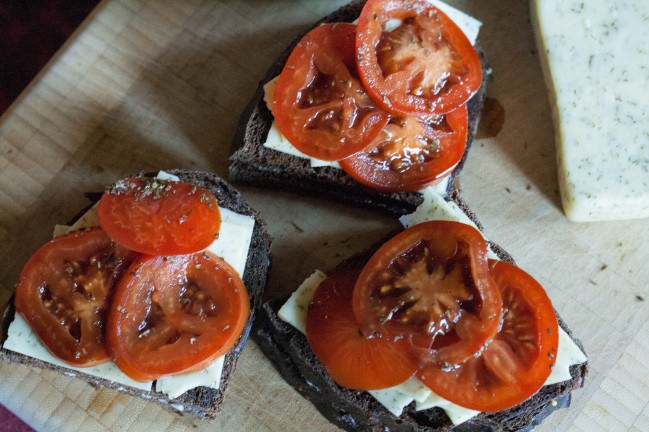 "regular" grilled cheese a.k.a. tomato and havarti dill on rye decks prepped