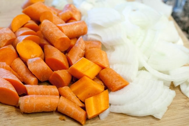 boeuf bourguinon sliced onions and carrots