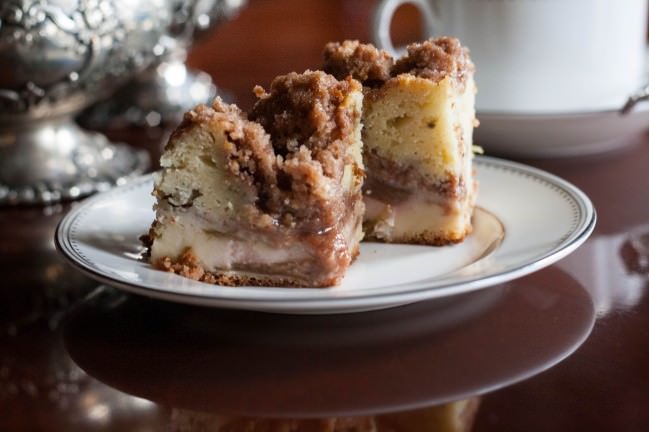 rhubarb coffee cake with crumb topping for afternoon tea