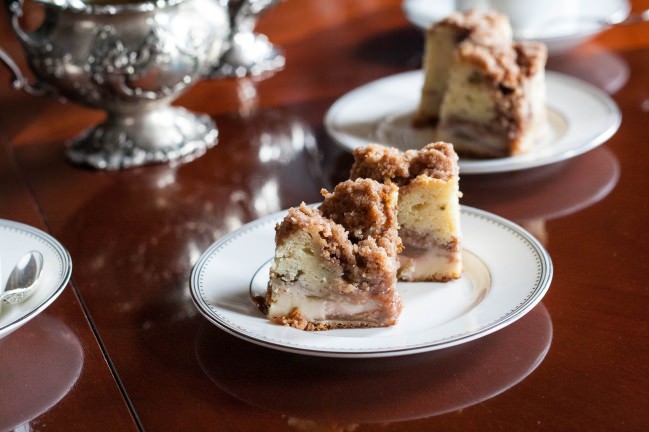 rhubarb coffee cake with crumb topping for tea