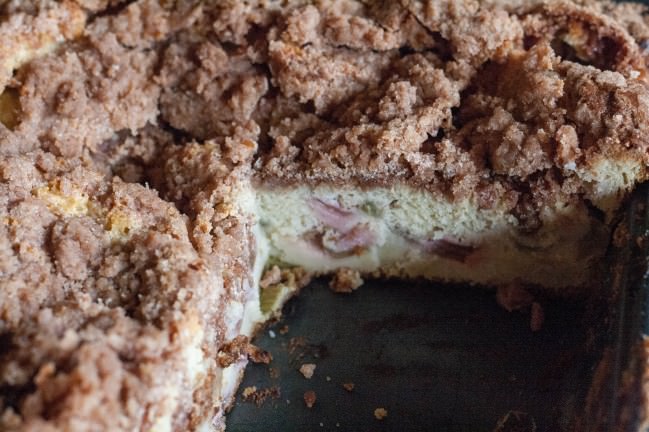 rhubarb coffee cake with crumb topping in pan