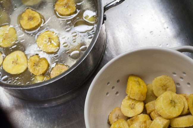 sweet and salty plantains with lime soaking and draining