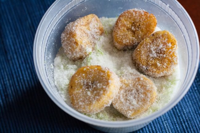 sweet and salty plantains with lime tossing in salt