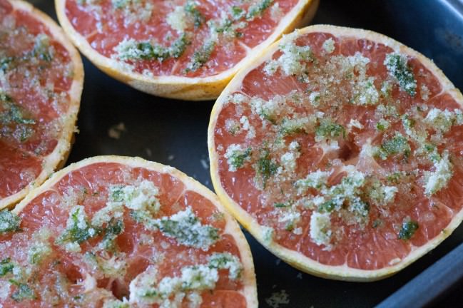 Basil Bruleed Grapefruit with basil sugar