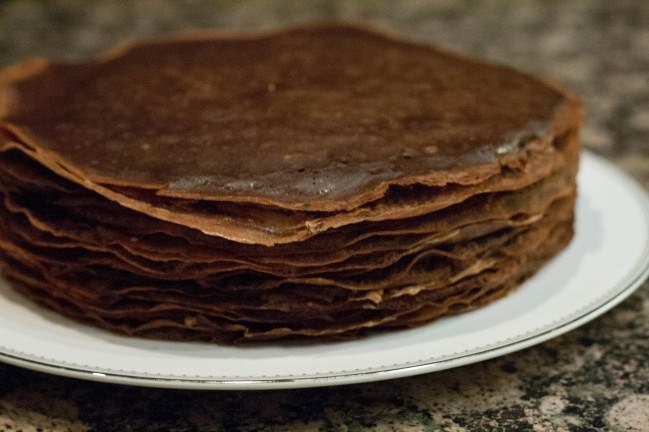 Chocolate Hazelnut Crepe Cake assembling