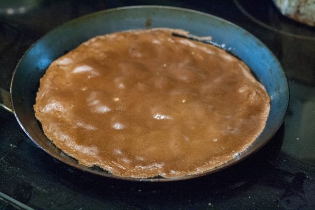 Chocolate Hazelnut Crepe Cake crepe in pan
