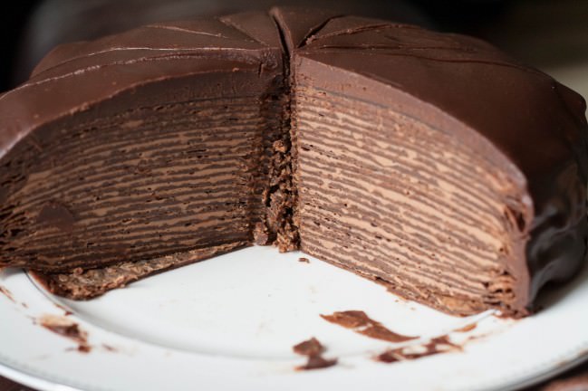 Chocolate Hazelnut Crepe Cake cross section