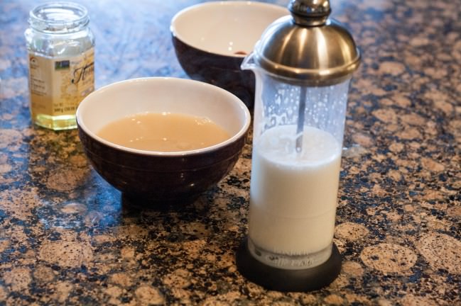 honey tea au lait with lavender frothed milk