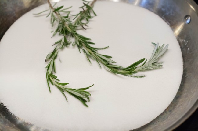 Father's Day Rosemary Rhubarb Upsidedown Cake rosemary in sugar