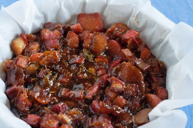 Father's Day Rosemary Rhubarb Upsidedown Cake rosemary rhubarb caramel in pan