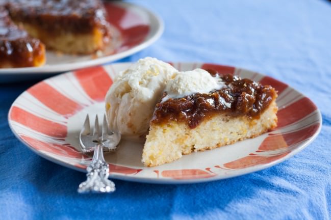 Father's Day Rosemary Rhubarb Upsidedown Cake with icecream