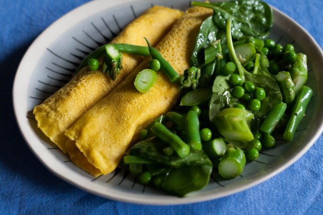 Leftover Crab Dip Crepes with snappy green salad